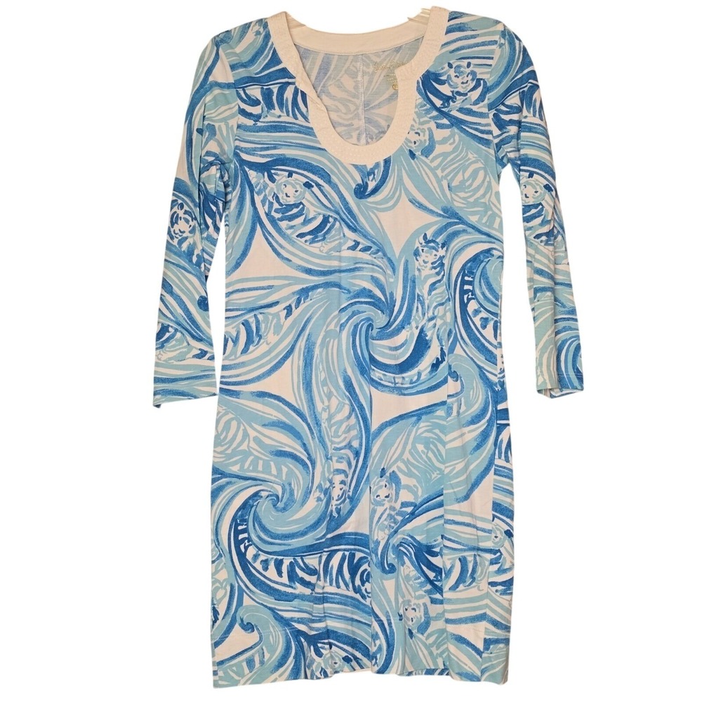 Lilly Pulitzer‎ Blue Tiger White Tropical Print Pullover Dress 3/4 Sleeve Small